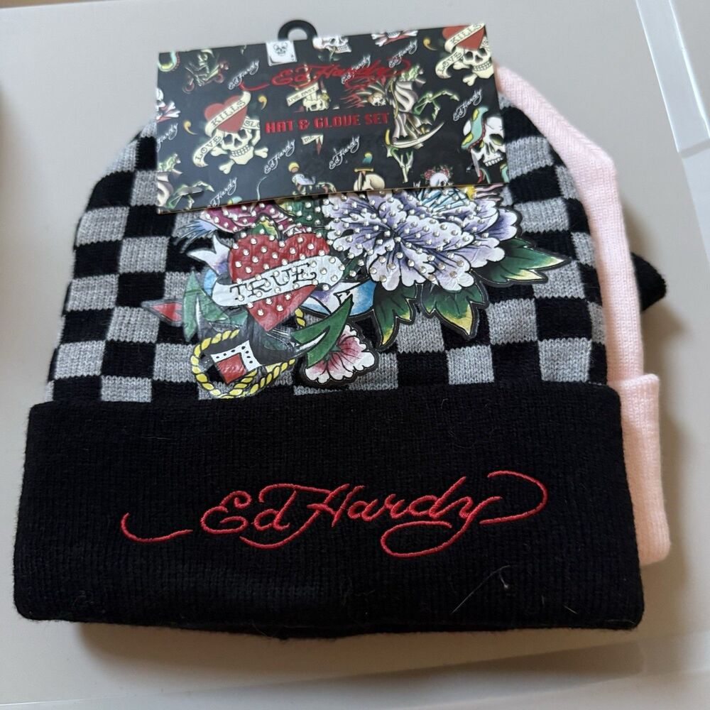 Ed Hardy 2-Pack Beanie W/Glove Hats Skull Rose Eagle Graphic Logo Black Pink NWT